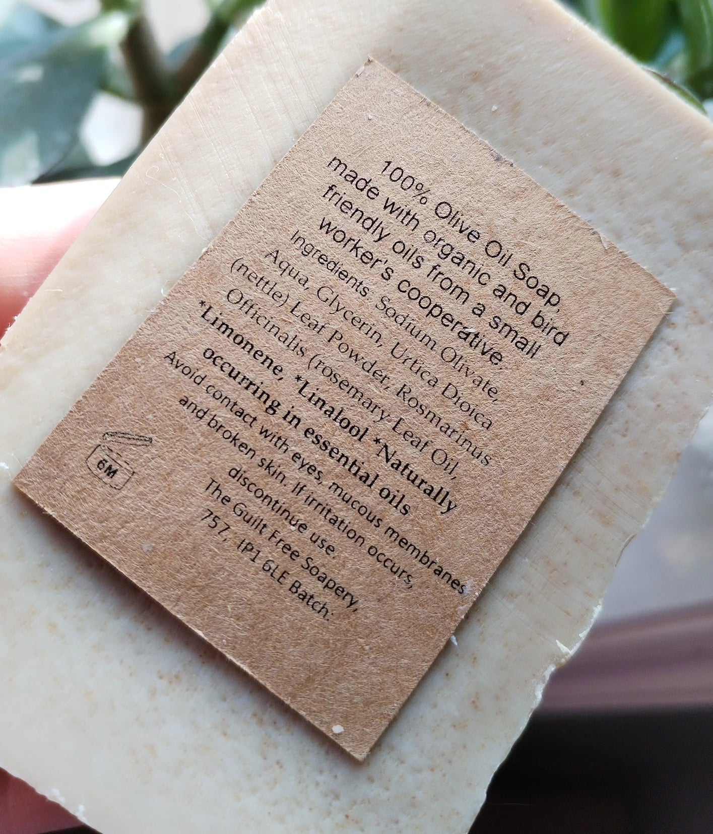 Rosemary Essential oil and Nettle Powder 100% olive oil castile soap. Organic and bird friendly. Handmade Cold process solid bar. Essential oil soap. Sensitive skin bar.