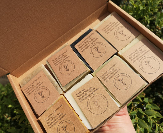 Mini soap sample gift set. 'nothing floral'. Handmade natural soap letterbox gift. Organic, vegan palm oil & plastic free cold process soap.