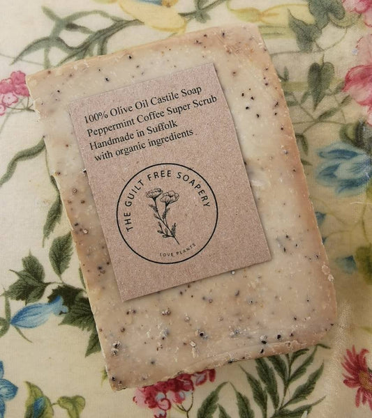 coffee peppermint exfoliating natural soap. 100% olive oil handmade castile cold processed solid bar. Bird friendly, organic, vegan, artisan