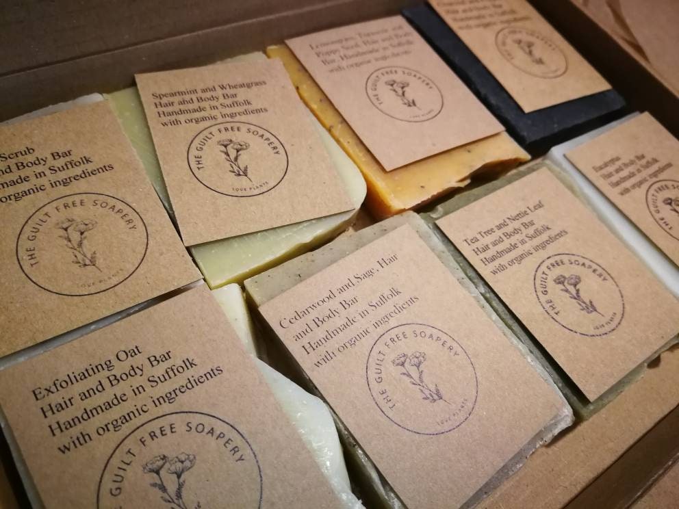 Mini soap sample gift set with card option. Handmade natural soap letterbox gift. Organic, vegan palm oil & plastic free cold process soap.