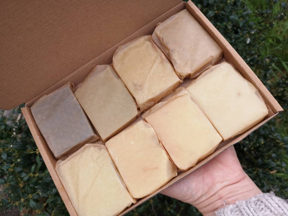 Letterbox gift set. 8 mini Handmade solid soap sample + card option. Natural soap Organic, vegan palm oil & plastic free cold process soap.