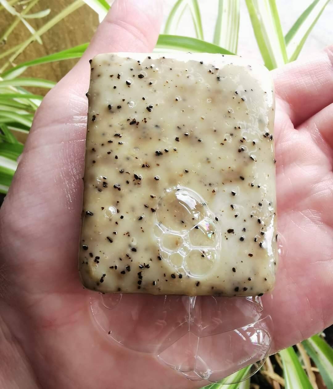 coffee peppermint exfoliating natural soap. 100% olive oil handmade castile cold processed solid bar. Bird friendly, organic, vegan, artisan