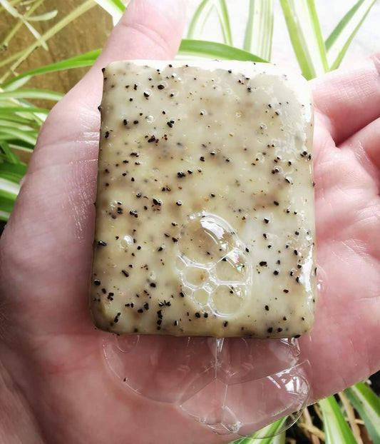 coffee peppermint exfoliating natural soap. 100% olive oil handmade castile cold processed solid bar. Bird friendly, organic, vegan, artisan