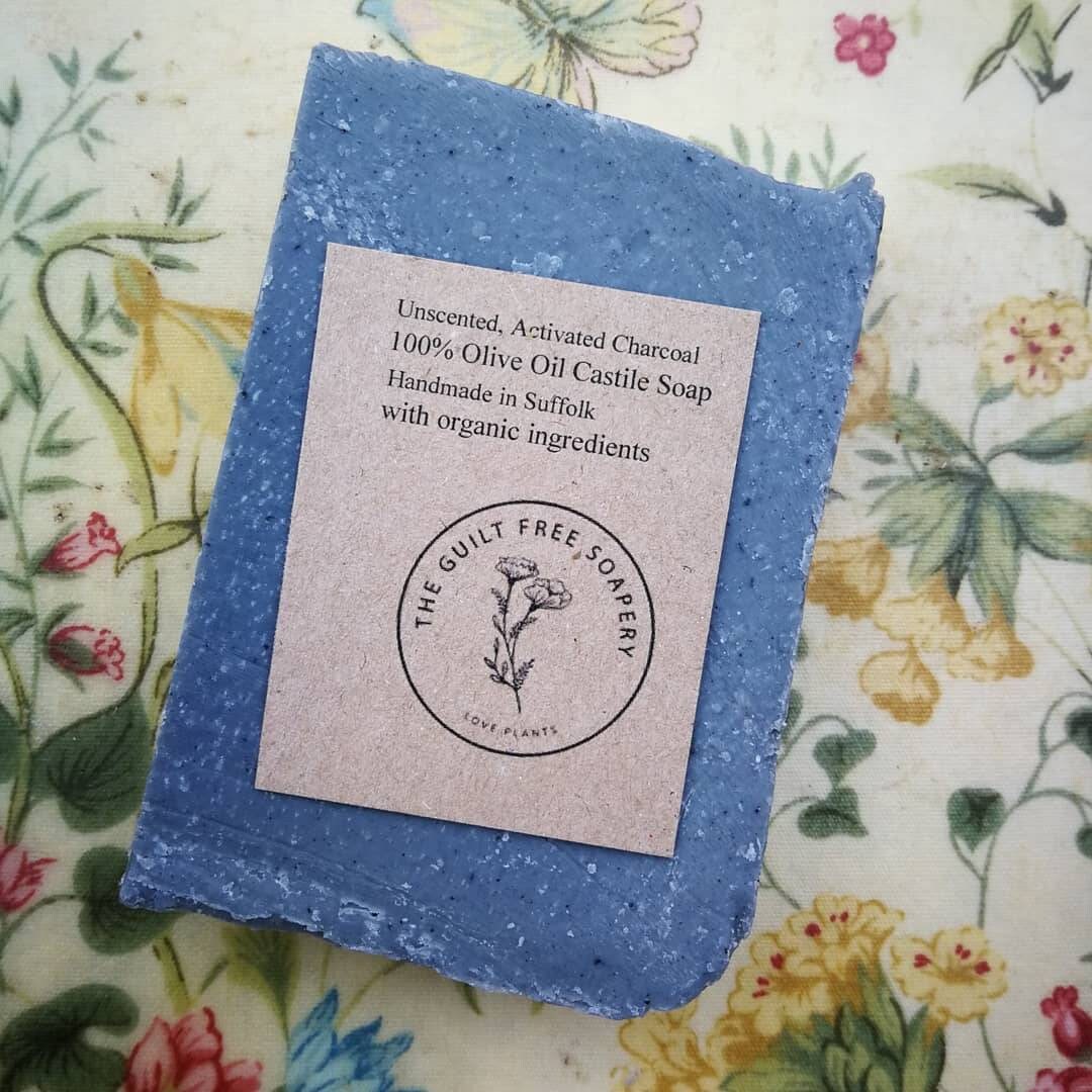 Activated charcoal 100% olive oil handmade natural soap. Cold process, unscented castile castile bar. Organic, vegan, palm oil and plastic free.