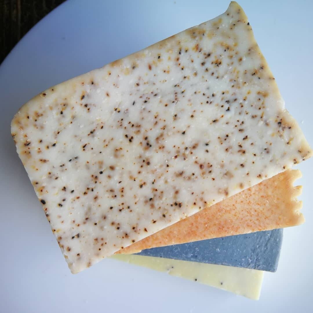 coffee peppermint exfoliating natural soap. 100% olive oil handmade castile cold processed solid bar. Bird friendly, organic, vegan, artisan